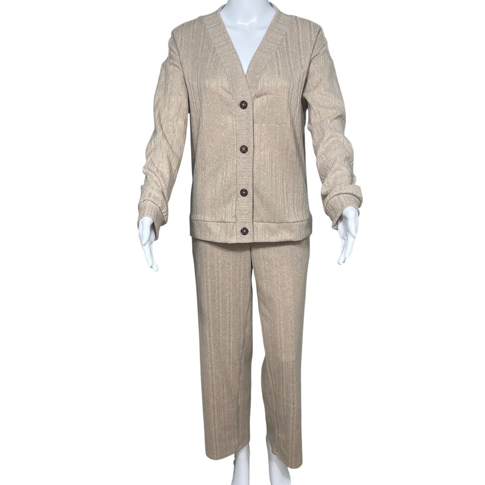 Beige Matching Textured Pointelle Knit Set Womens Small Cozy Neutral Loungewear